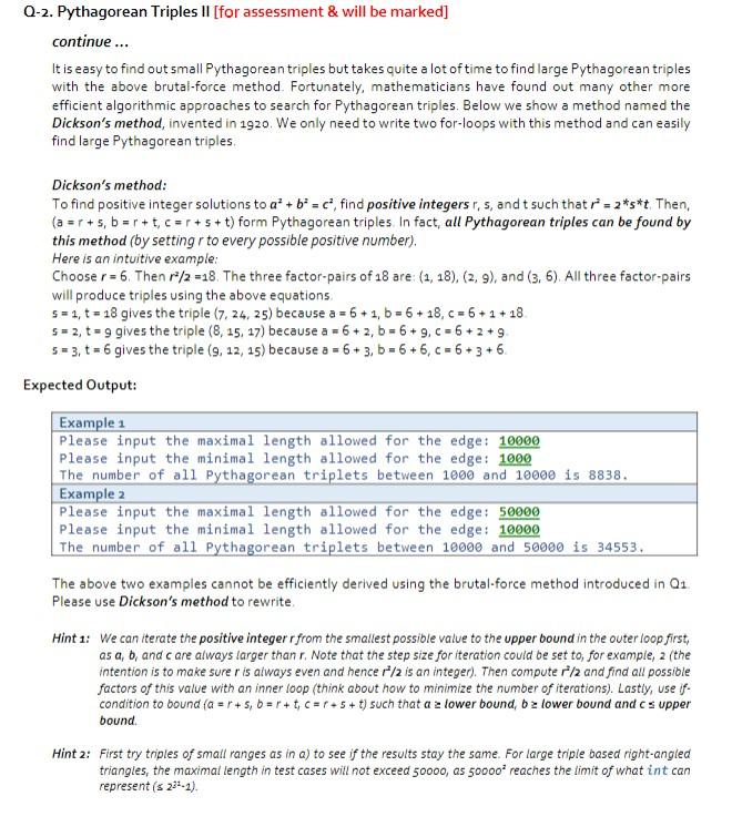 Solved Q-2. Pythagorean Triples II [for assessment \& will | Chegg.com