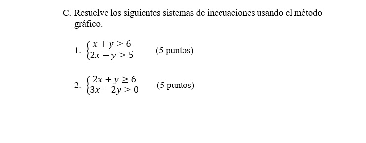 C. Resuelve los siguientes sistemas de inecuaciones usando el método gráfico. 1. \( \left\{\begin{array}{c}x+y \geq 6 \\ 2 x-