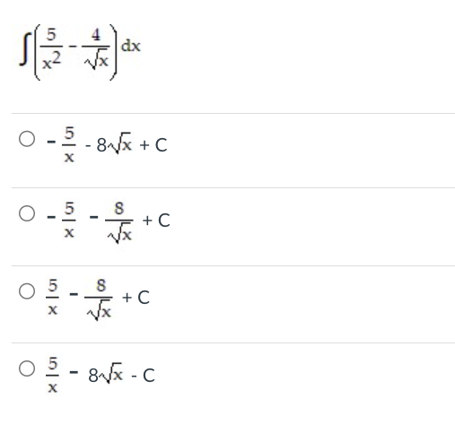 Solved ∫﻿﻿(5x2-4x2)dx-5x-8x2+C-5x-8x2+C5x-8x2+C5x-8x2-C | Chegg.com