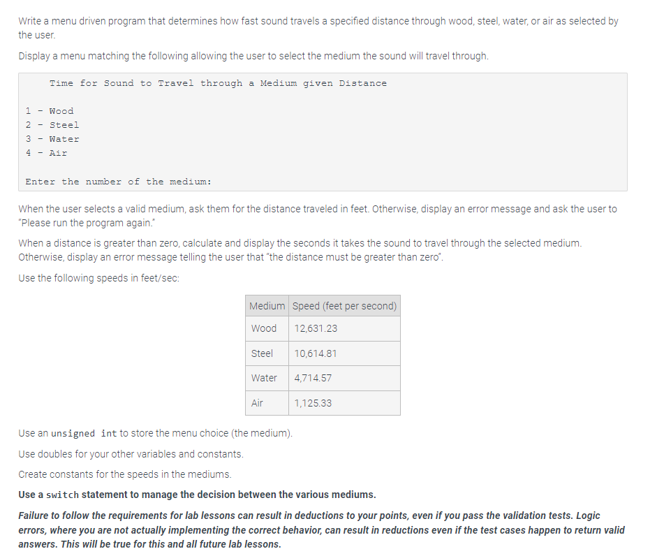 Solved Write a menu driven program that determines how fast | Chegg.com
