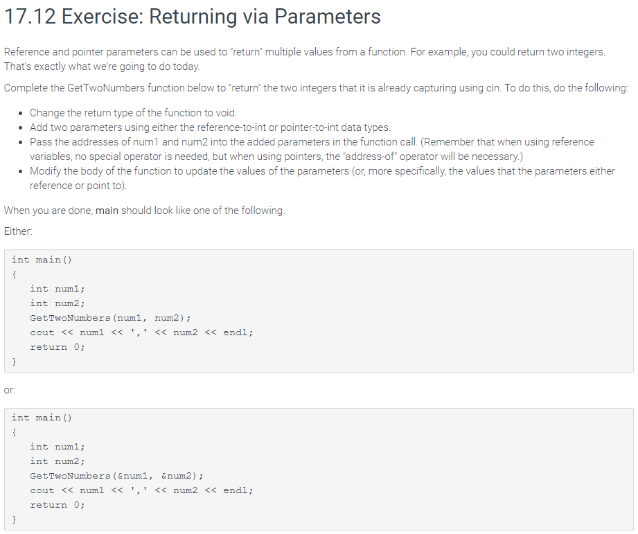 Solved 17.12 Exercise: Returning via Parameters Reference | Chegg.com