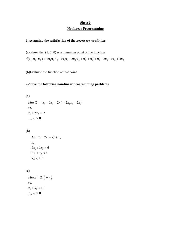 Solved Sheet 3 Nonlinear Programming 1-Assuming the | Chegg.com