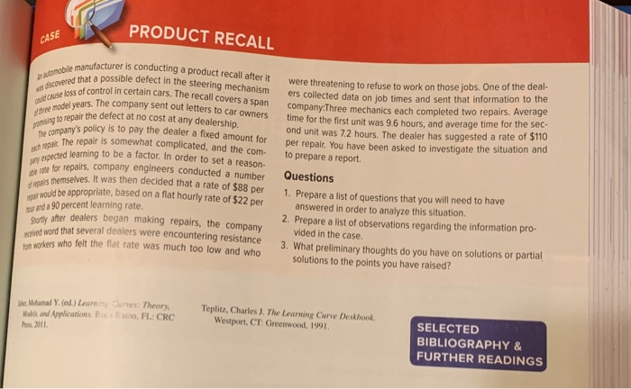 Solved PRODUCT RECALL CASE Manufacturer Is Conducting A | Chegg.com