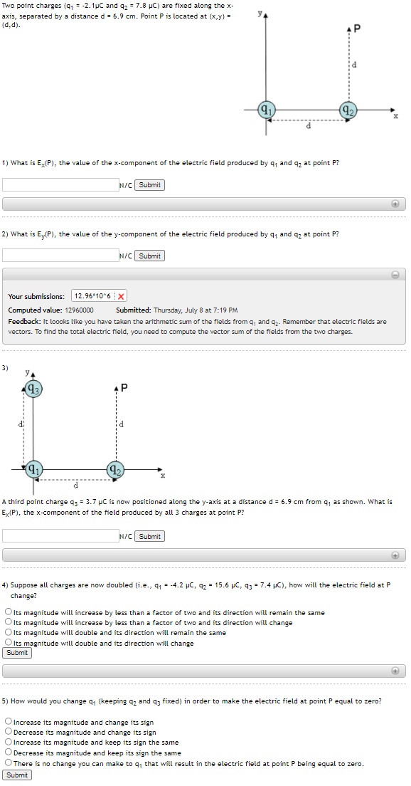 Solved Two point charges (91 = -2.1°C and 42 = 7.8 y) are | Chegg.com