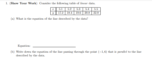 Solved 1. (Show Your Work) Consider the following table of | Chegg.com