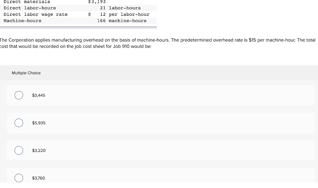 Solved Direct materials Direct laborhours Direct labor wage