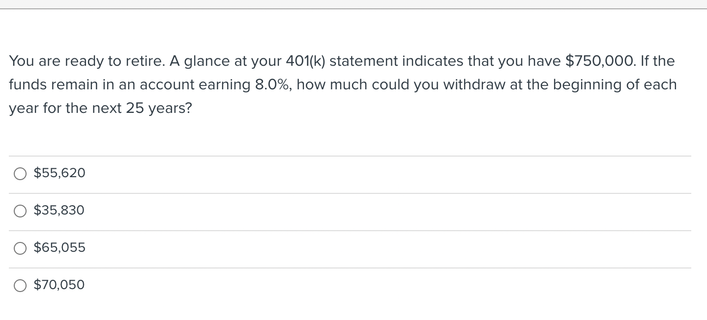Solved You are ready to retire. A glance at your 401(k) | Chegg.com