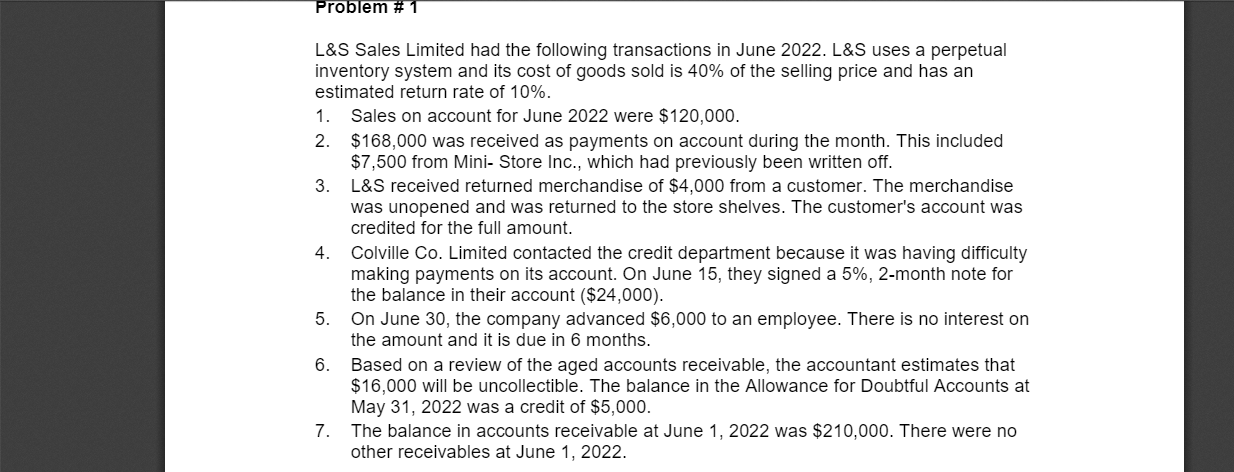 Solved Problem #1 L&S Sales Limited had the following | Chegg.com