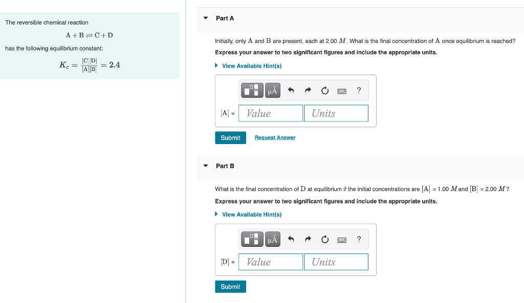 Solved Part A The Reversible Chemical Reaction A+B=C+D | Chegg.com