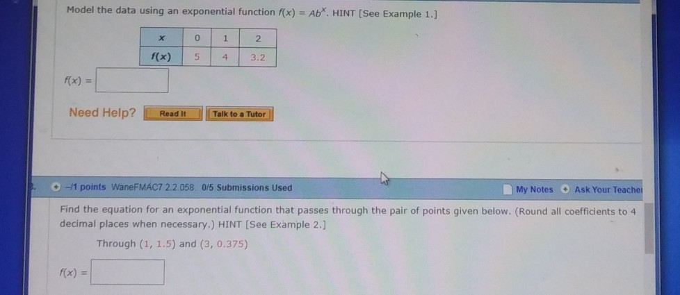 Solved Model the data using an exponential function f(x) = | Chegg.com