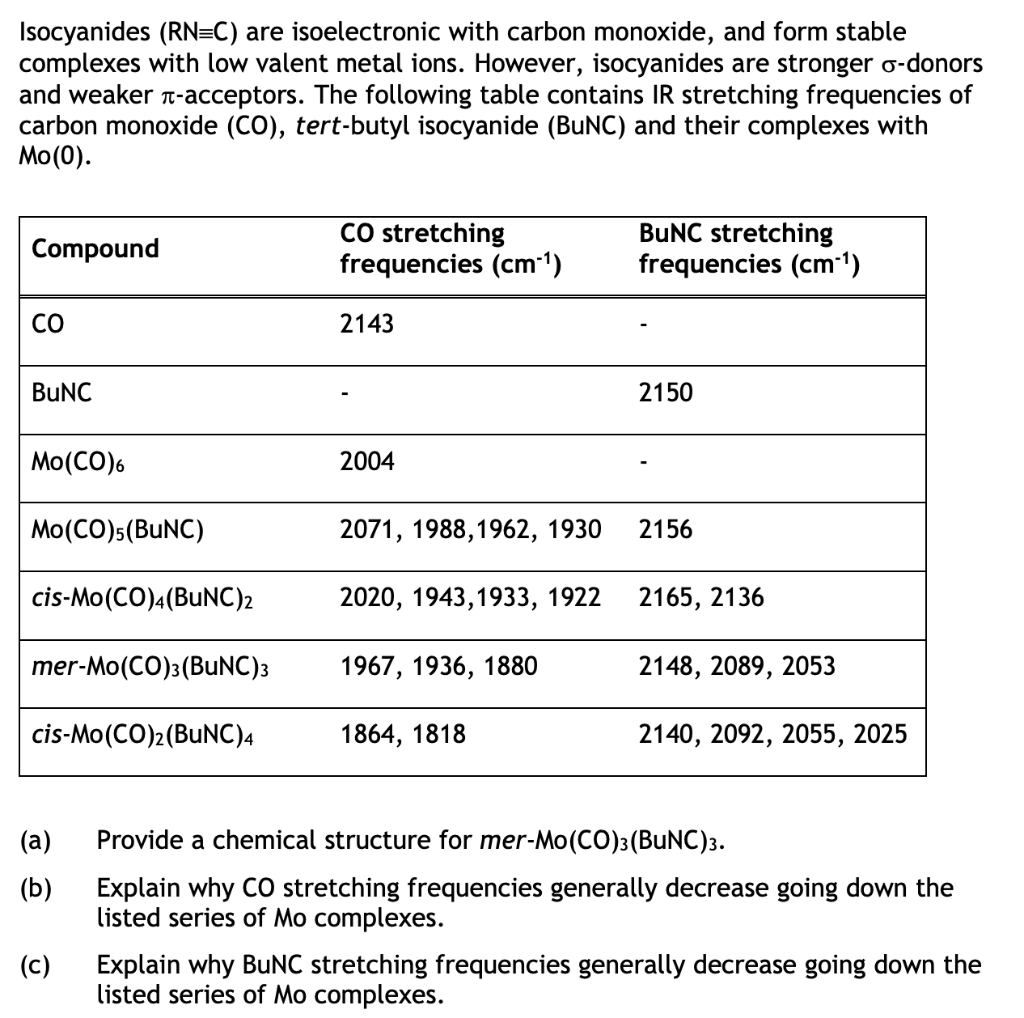 Isocyanides \( (\mathrm{RN} \equiv \mathrm{C}) \) are isoelectronic with carbon monoxide, and form stable complexes with low 