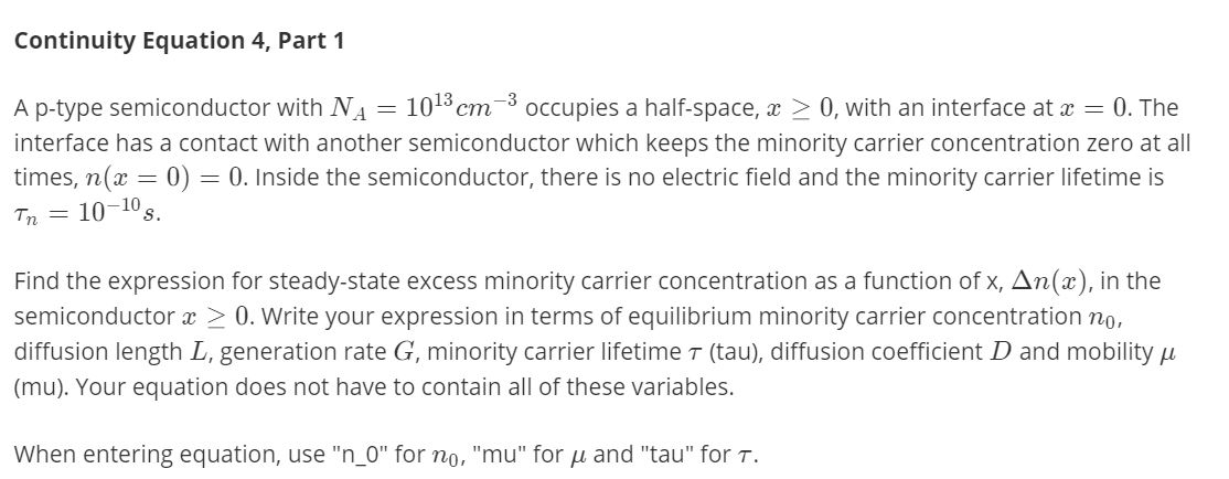 Solved Continuity Equation 4 Part 1 A P Type Semiconduct Chegg Com