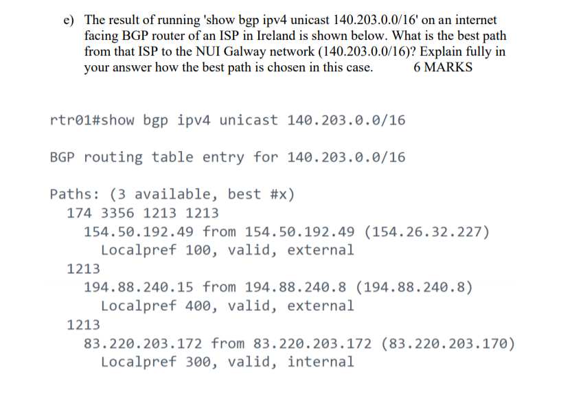 e) The result of running 'show bgp ipv4 unicast | Chegg.com