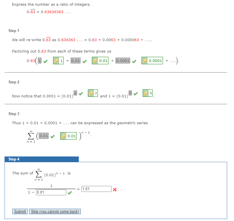 Solved Express the number as a ratio of integers. 0.63