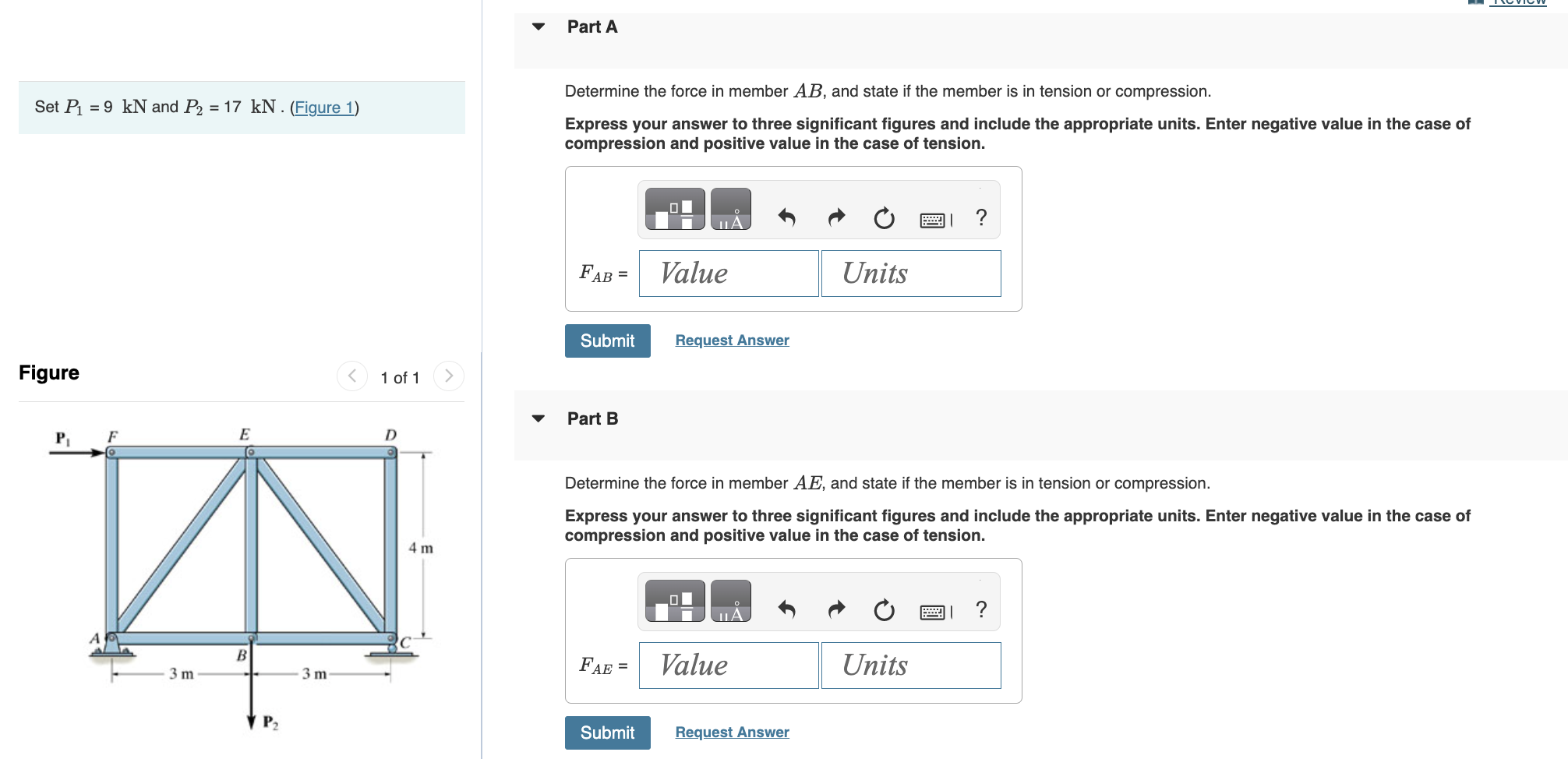 Solved Set P1=9kN and P2=17kN. (Figure 1) Determine the | Chegg.com