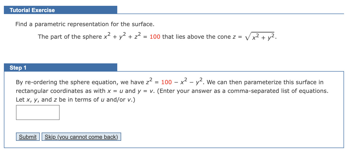 Solved Tutorial Exercise Find A Parametric Representation Chegg Com