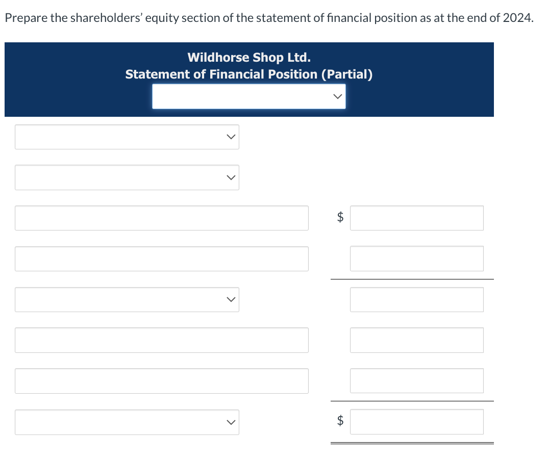 prepare the shareholders equity section of the statement of financial position