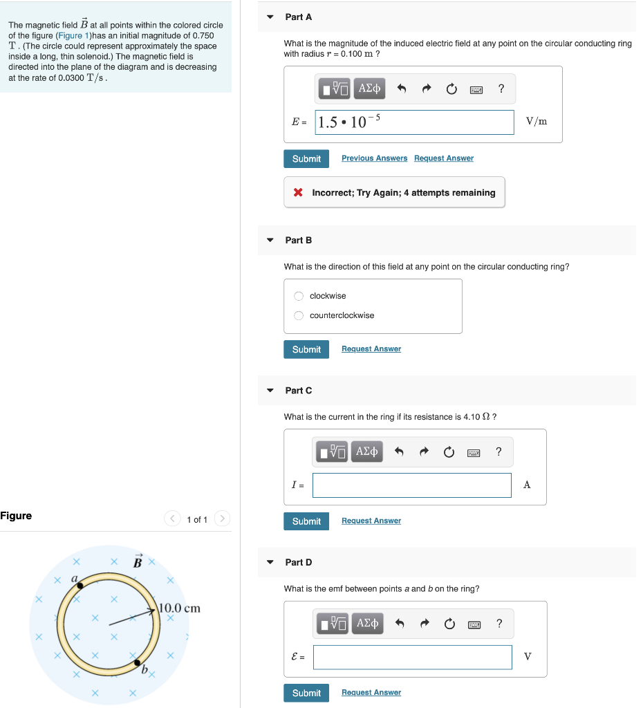 Solved Part A The magnetic field B at all points within the | Chegg.com