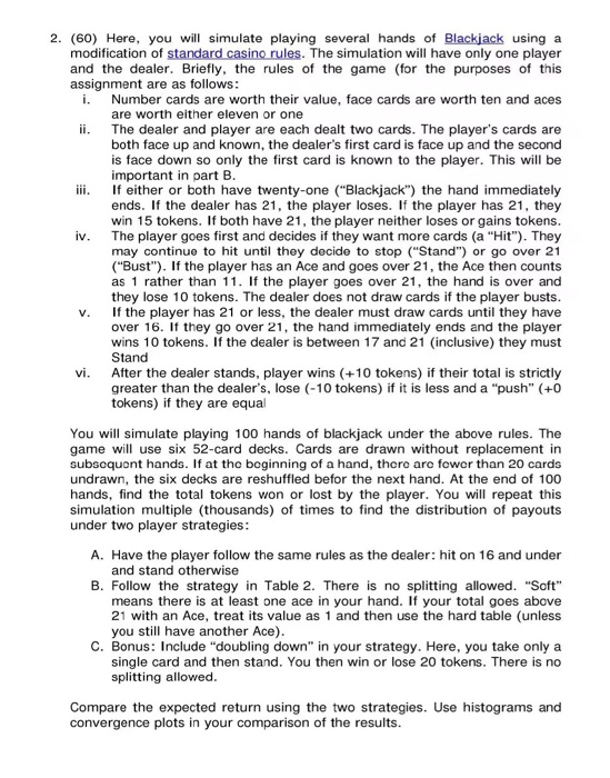 Solved 2. (60) Here, you wl simulate playing several hands | Chegg.com