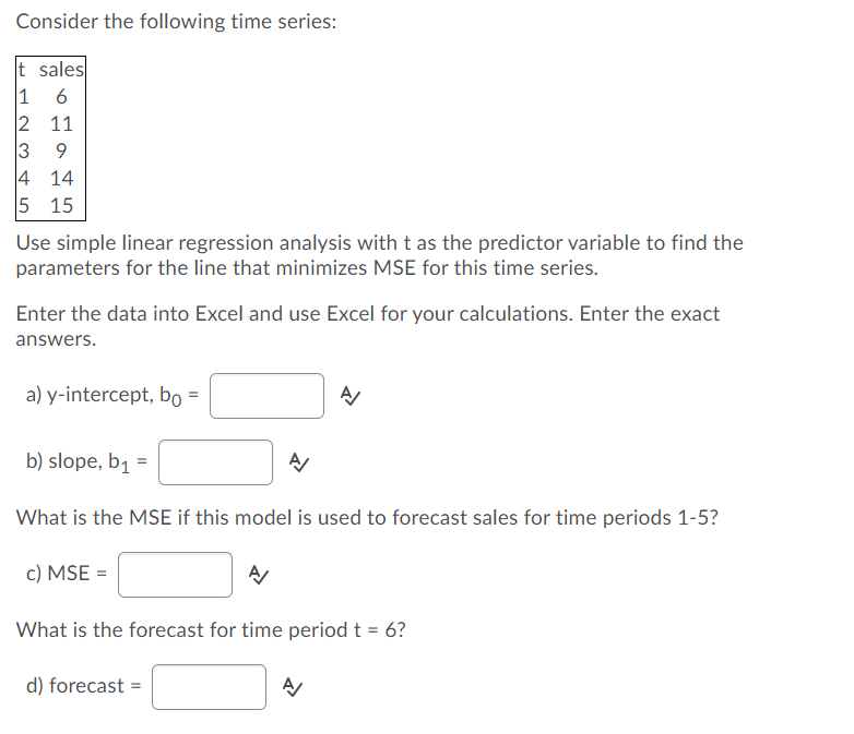Solved Consider the following time series: t sales 1 6 2 11 | Chegg.com
