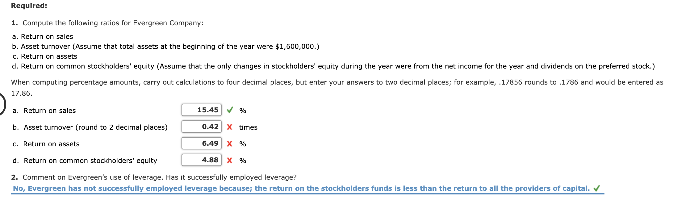 Solved Return Ratios and Leverage The following selected