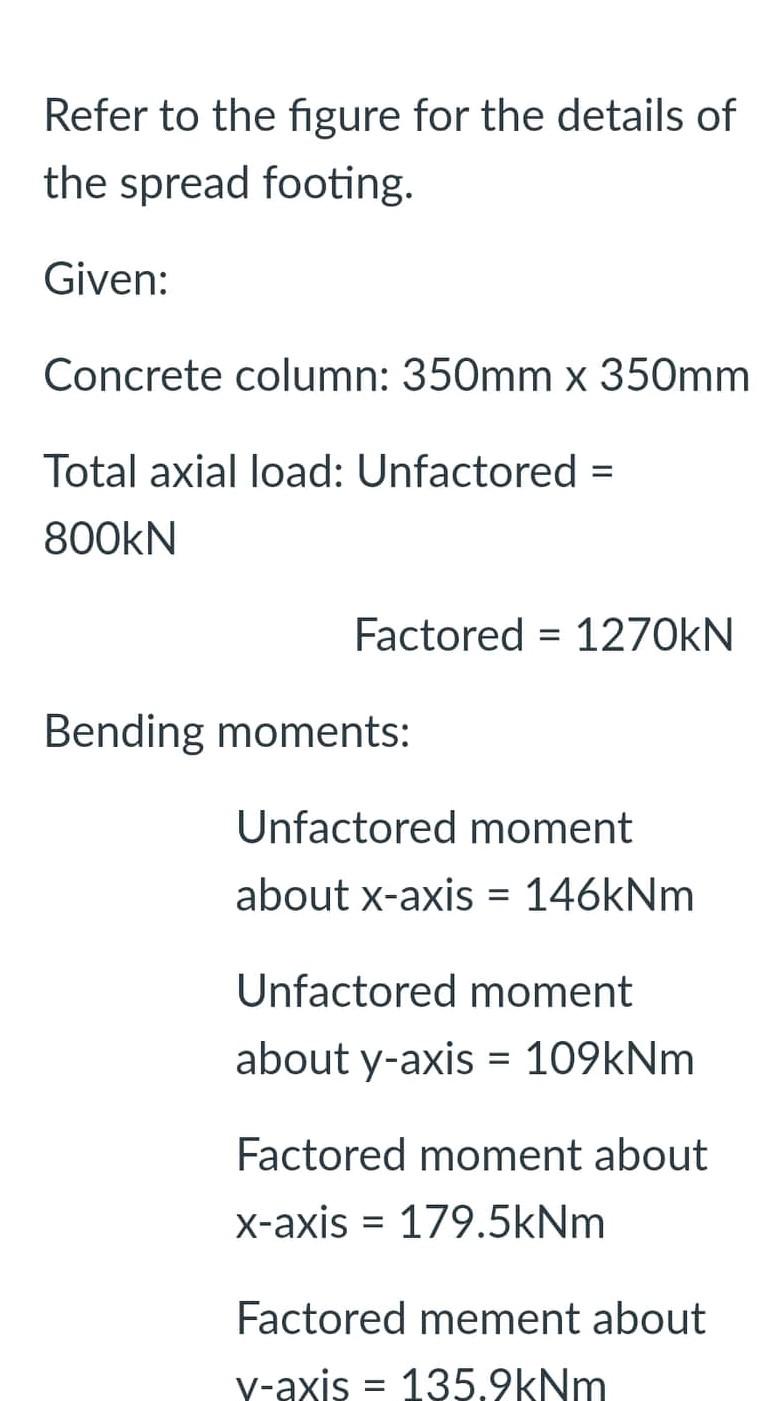 Refer to the figure for the details of
the spread footing.
Given:
Concrete column: 350mm x 350mm
Total axial load: Unfactored