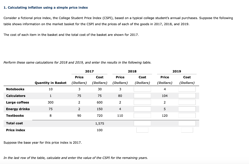 Solved 1. Calculating Inflation Using A Simple Price Index | Chegg.com