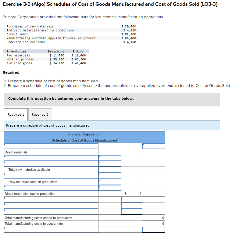 Solved Exercise 3-3 (Algo) Schedules of Cost of Goods | Chegg.com