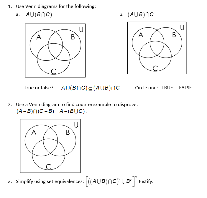 Solved 1. Use Venn diagrams for the following: a. AU(BNC) U | Chegg.com