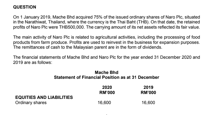 Solved Question On 1 January 2019 Mache Bhd Acquired 75 Of Chegg Com