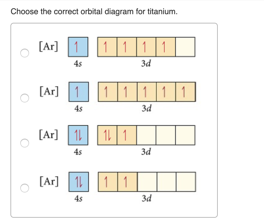 Choose the correct orbital diagram for titanium. 4s 3d 3d [At] | 1|1|1|11 [Ar] 1 1 1 1 1 [Ar] 1 1 1 [A: 11