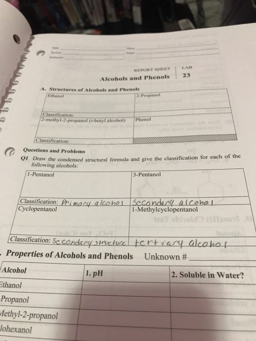 Solved REPORT SHEETLAB 23 Alcohols and Phenols A. Structures
