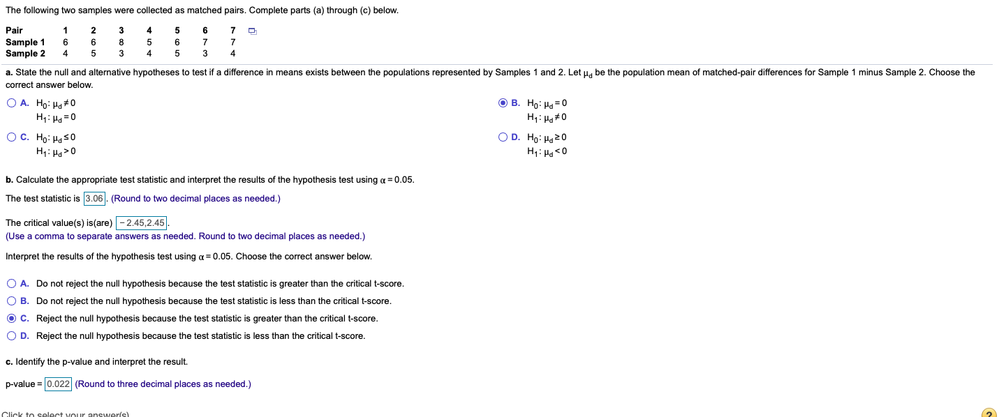 Solved The following two samples were collected as matched | Chegg.com