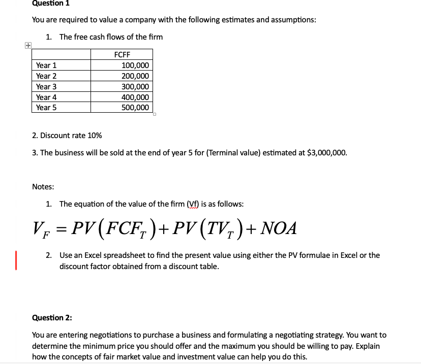 Solved VF=PV(FCFT)+PV(TVT)+NOAUse an ﻿Excel spreadsheet to | Chegg.com