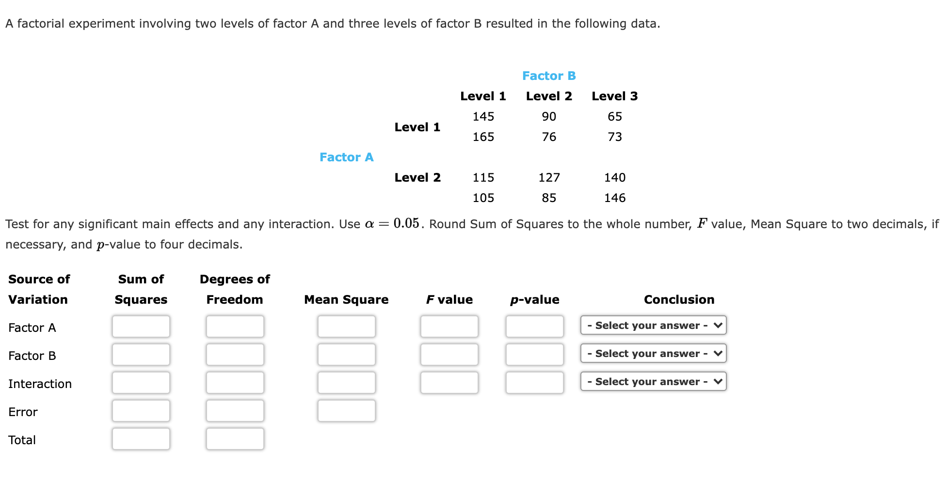 Solved A Factorial Experiment Involving Two Levels Of Factor | Chegg.com