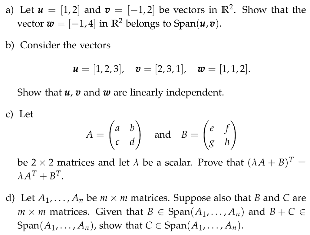 Solved A) Let U-1,2] And V[-1,2 Be Vectors In R2. Show That | Chegg.com