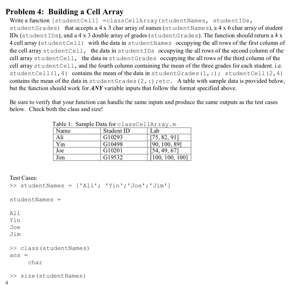 Solved Problem 4: Building a Cell Array Write a function | Chegg.com