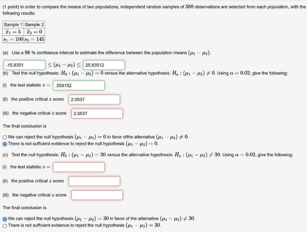 Solved (1 point) In order to compare the means of two | Chegg.com