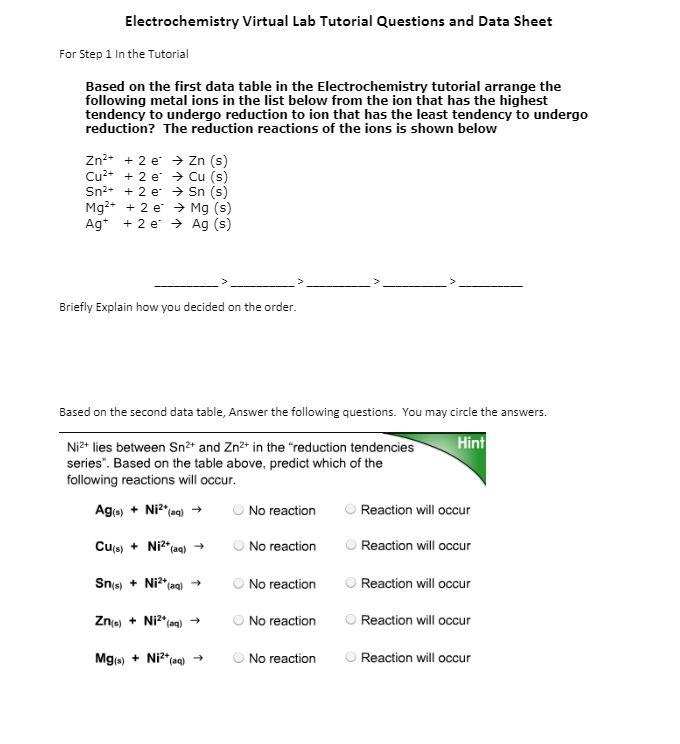 Solved Electrochemistry Virtual Lab Tutorial Questions and