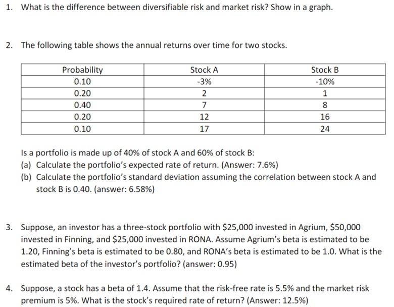 Solved 1. What is the difference between diversifiable risk | Chegg.com