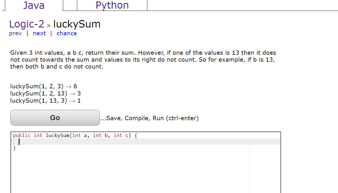 Solved Java Python Logic-2 > loneSum prev next | chance | Chegg.com
