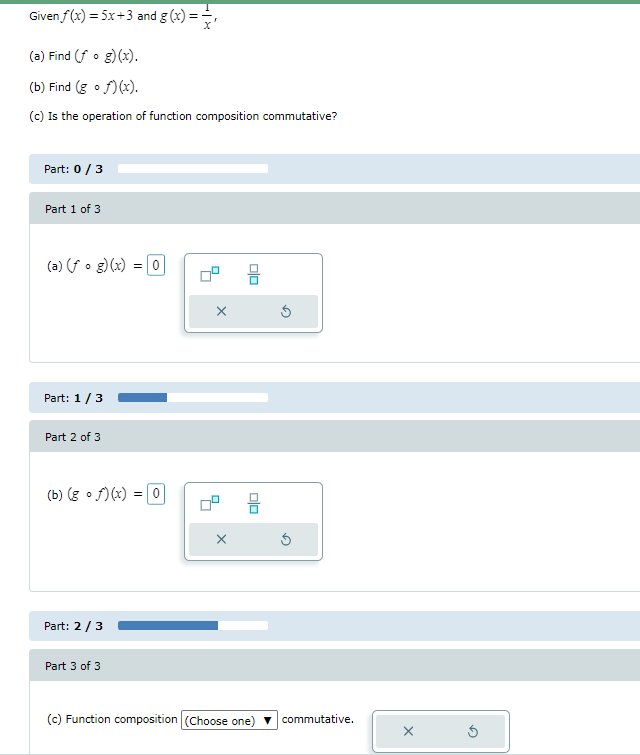 Solved Given f(x)=5x+3 and g(x)=x1, (a) Find (f∘g)(x). (b) | Chegg.com