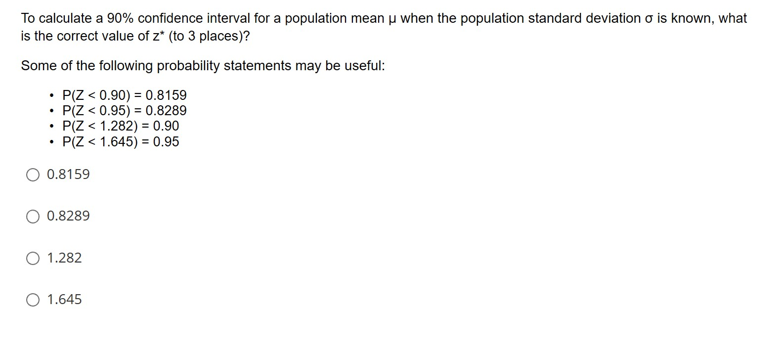 Solved To calculate a 90% confidence interval for a | Chegg.com