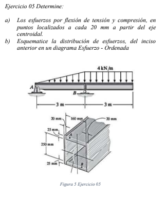 Ejercicio 05 Determine: a) Los esfuerzos por flexión de tensión y compresión, en puntos localizados a cada \( 20 \mathrm{~mm}