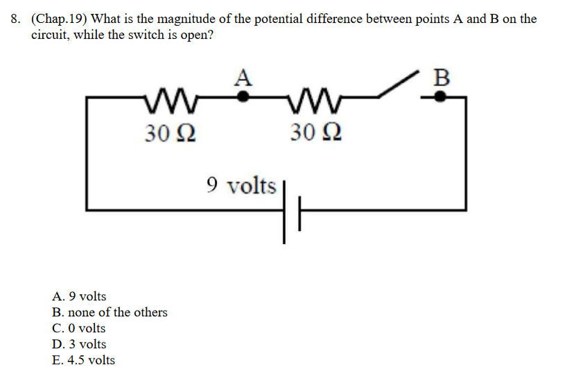 (Chap.19) What is the magnitude of the potential difference between points A and B on the circuit, while the switch is open?