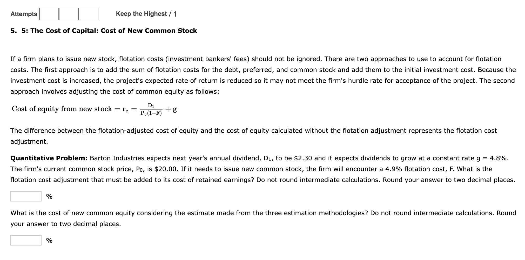Solved 5. 5: The Cost of Capital: Cost of New Common Stock | Chegg.com