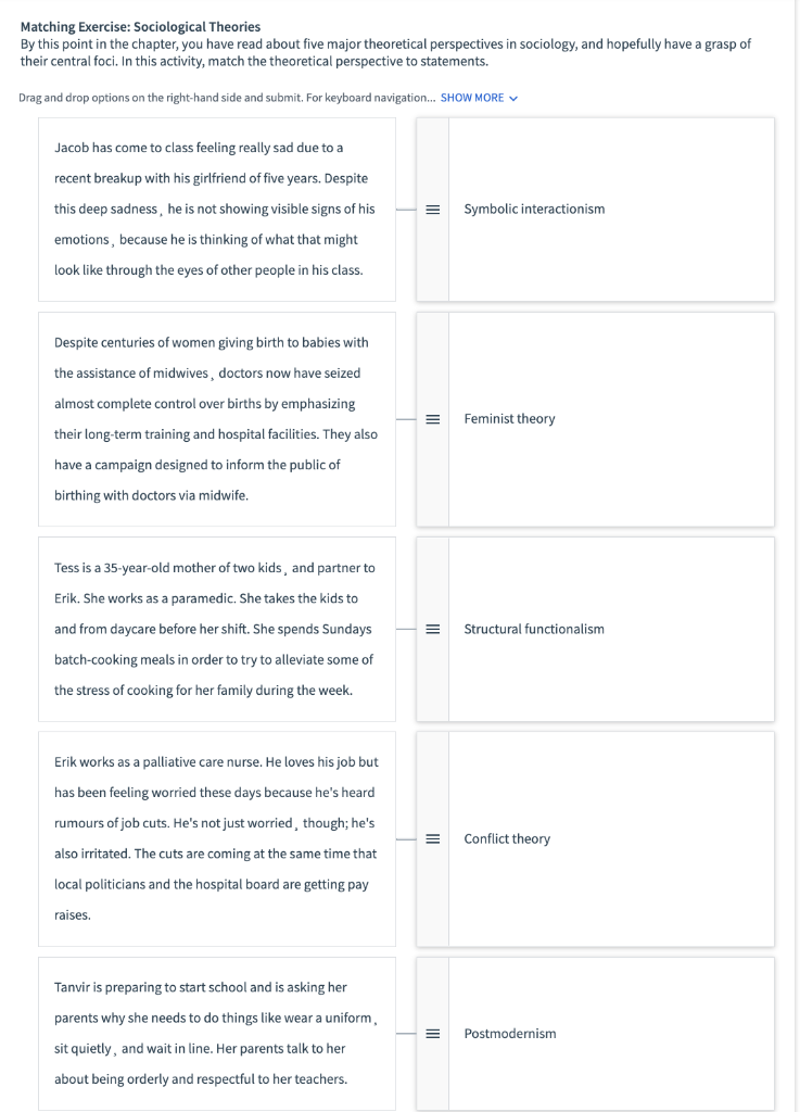 Matching Exercise: Sociological Theories By this | Chegg.com