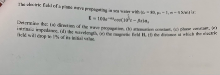 Solved The electric field of a plane wave propagating in sea | Chegg.com