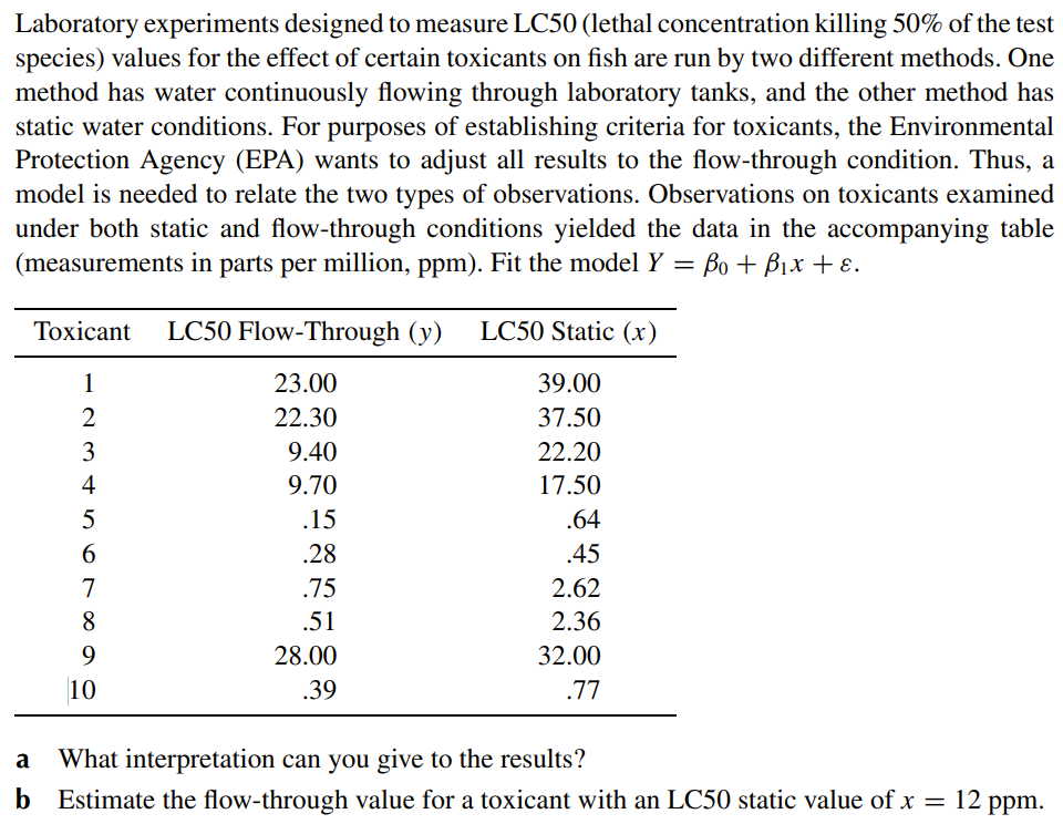 Laboratory experiments designed to measure LC50 (lethal concentration killing \( 50 \% \) of the test species) values for the