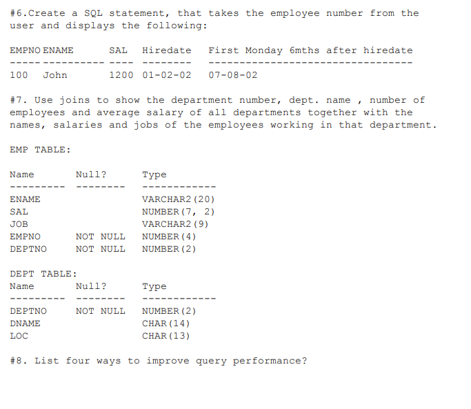 Solved #6. Create a SQL statement, that takes the employee | Chegg.com